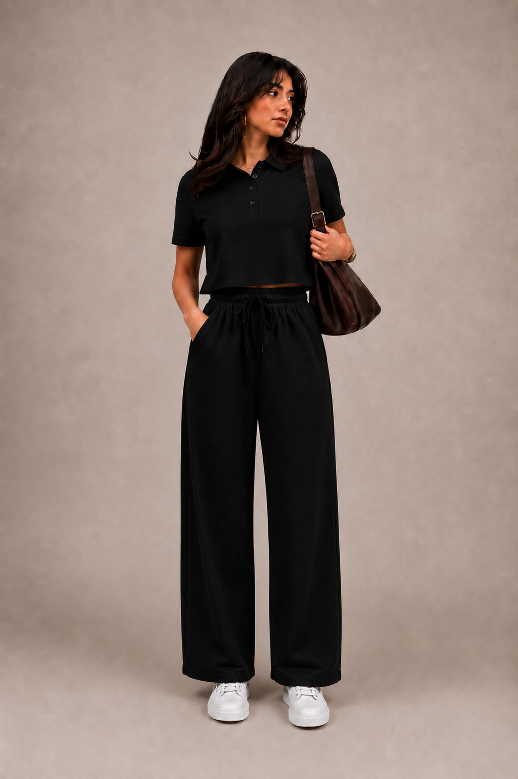 Crop Polo & Wide Leg Trouser Matching Set (Black & Black)