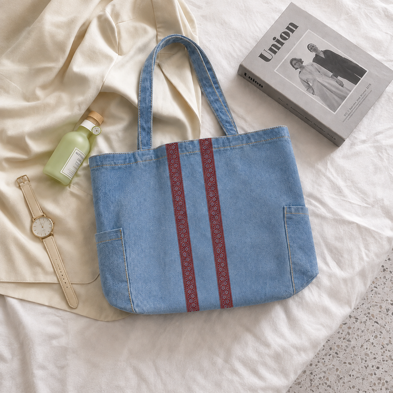 Stripe Design Zipped Tote Bag - Washed Denim Blue