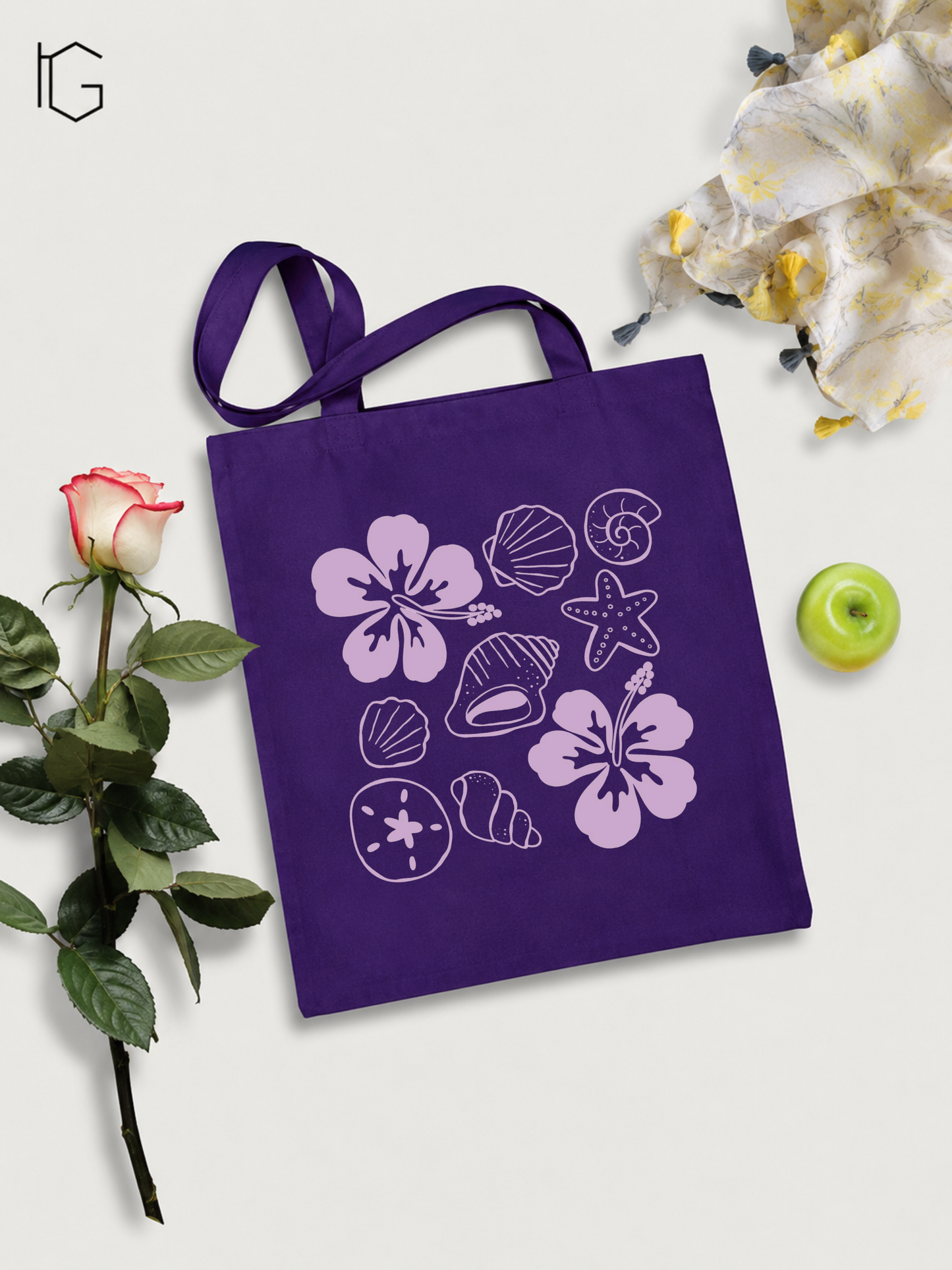 Flower and shells Canvas Tote Bag - Purple