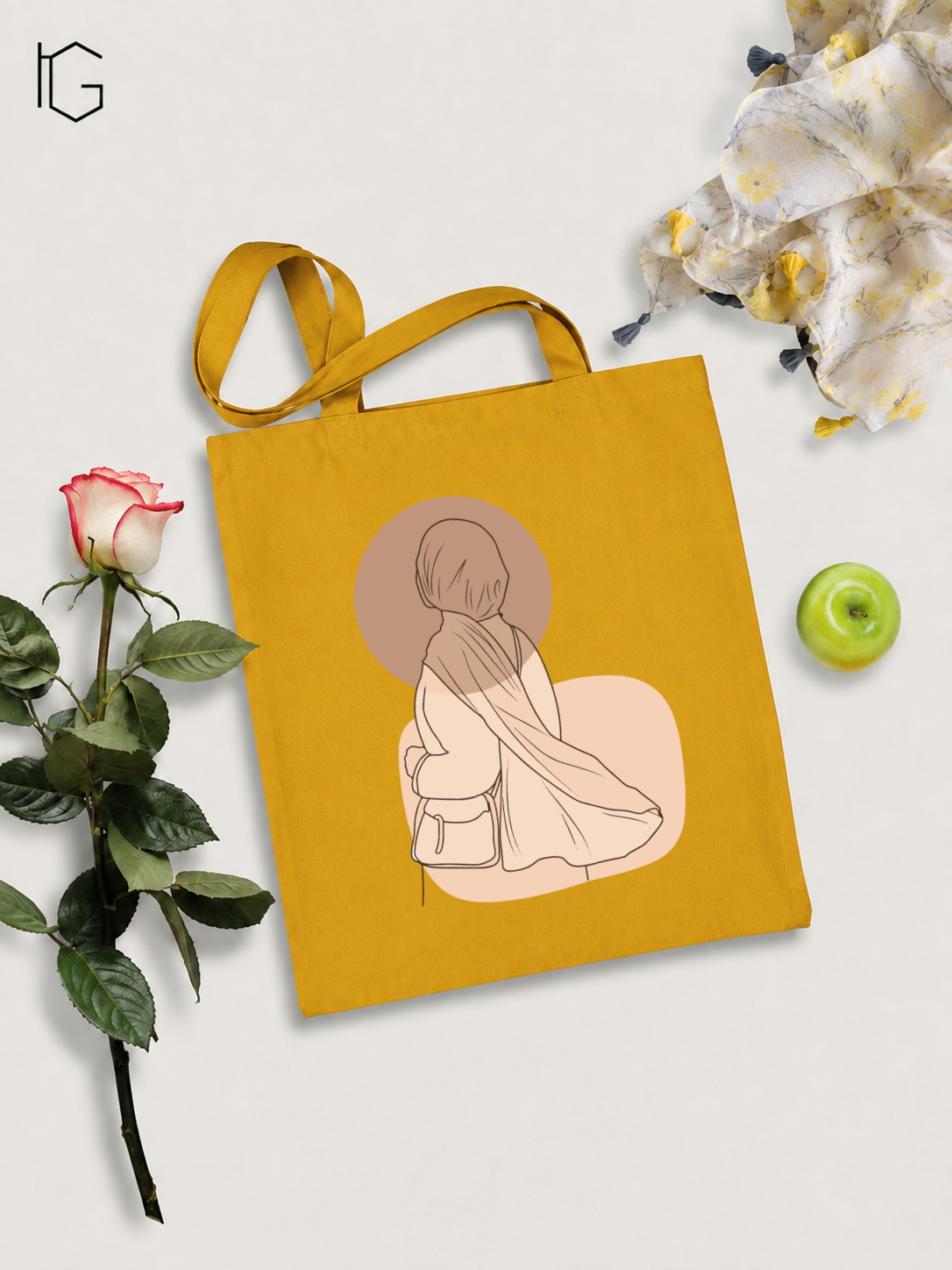 Women Line Art Canvas Tote Bag - Mustard