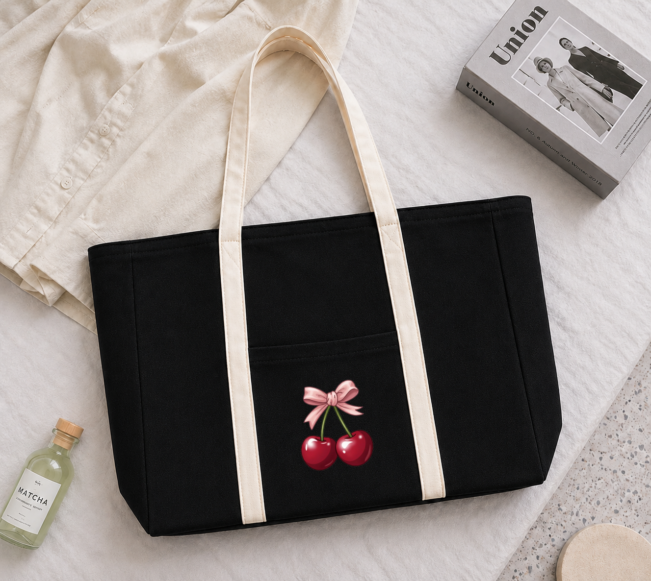 Black Striped Zipped Cherry Tote Bag