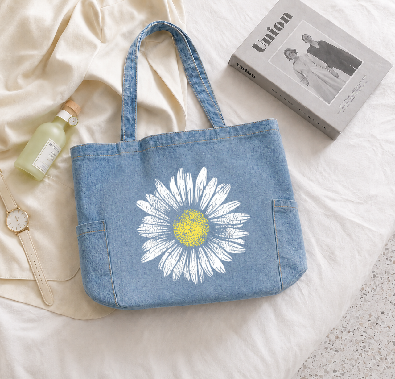 Daisy Zipped Tote Bag - Washed Denim Blue