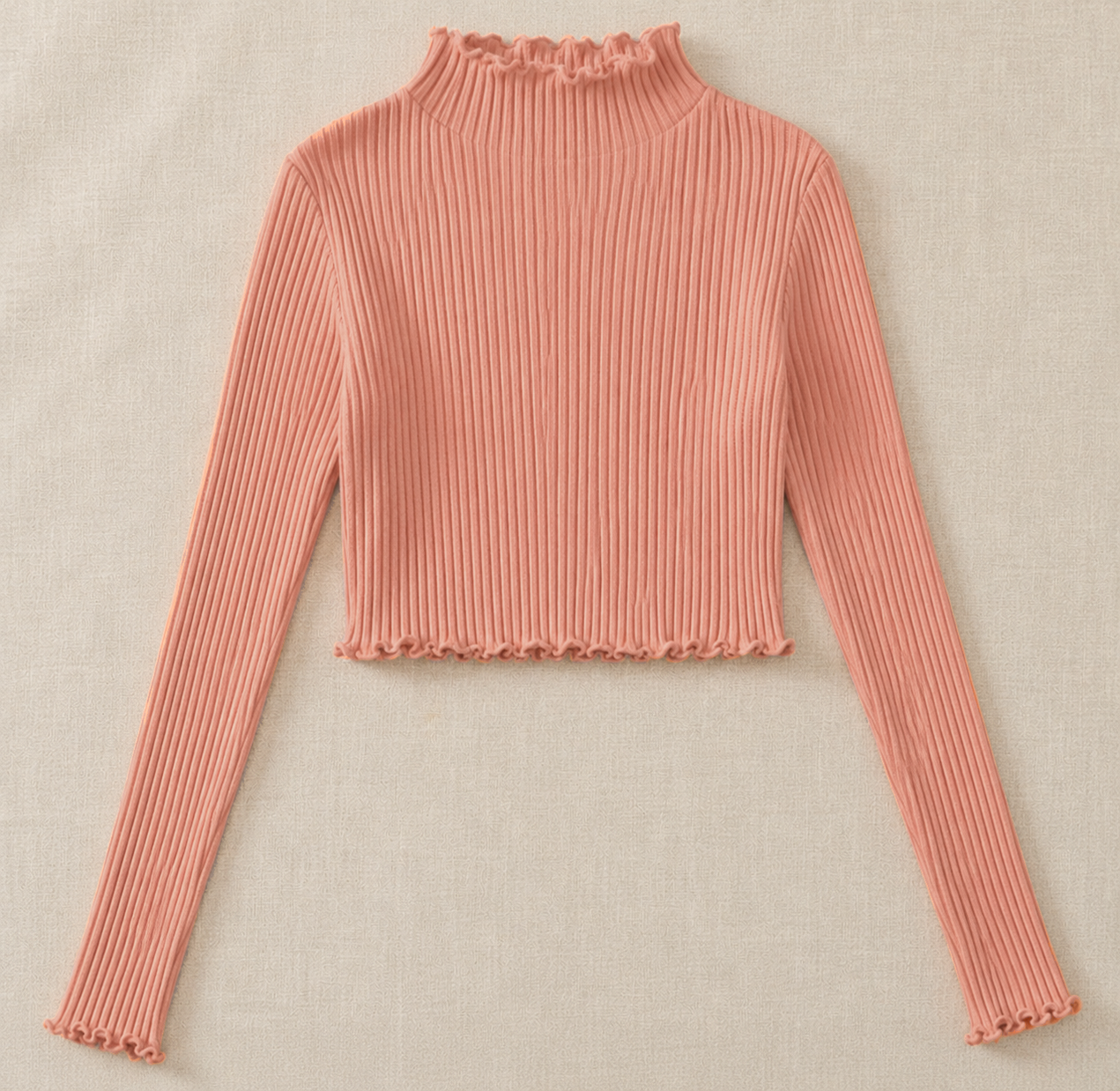 Lettuce Trim Crop Ribbed Top For Winter - peach