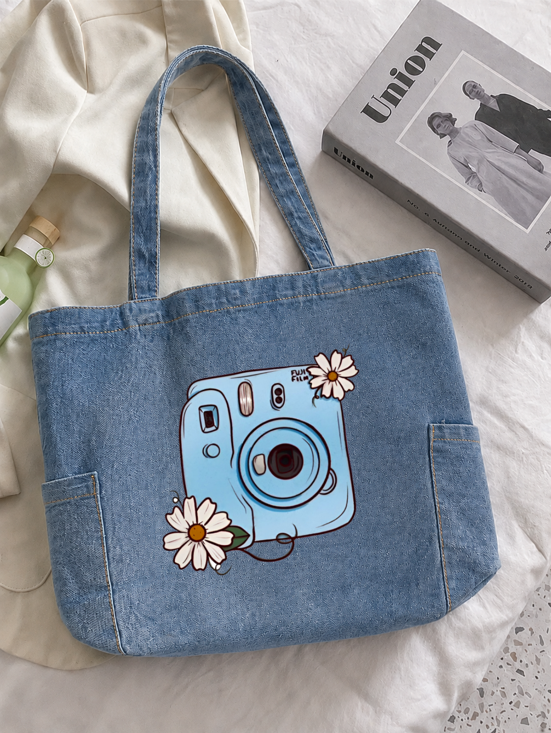 Blue Camera Floral Tote Bag - Washed Denim Blue
