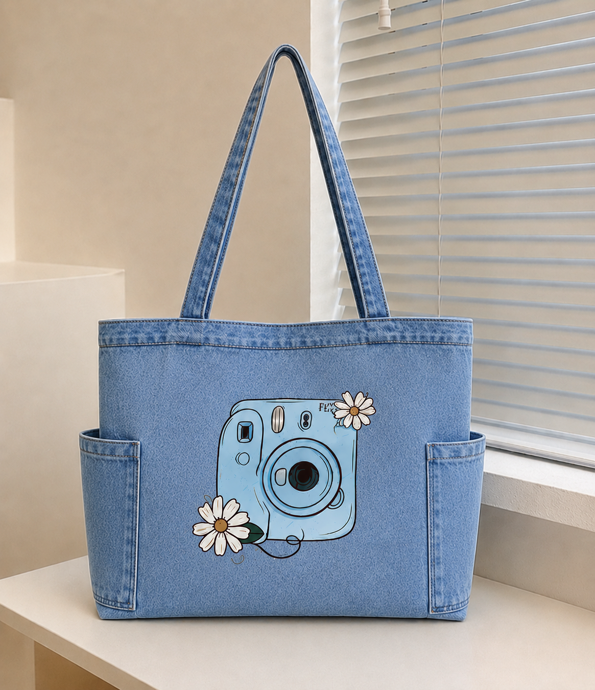 Blue Camera Floral Tote Bag - Denim Blue