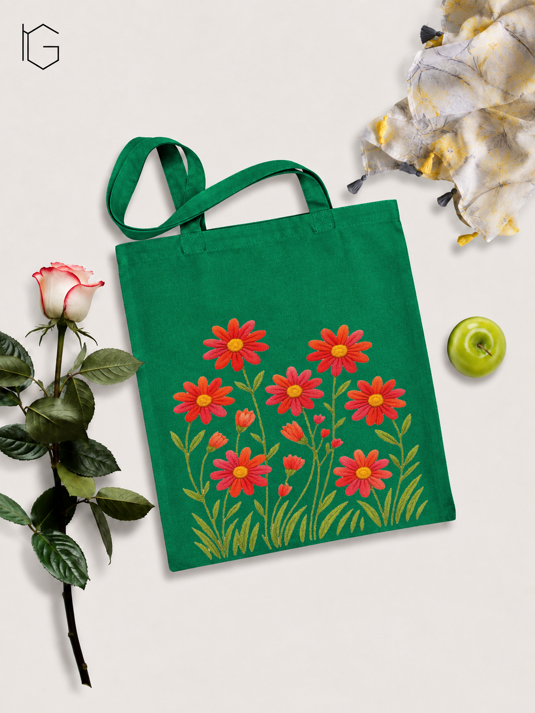 Flowers Canvas Open Tote Bag - Green