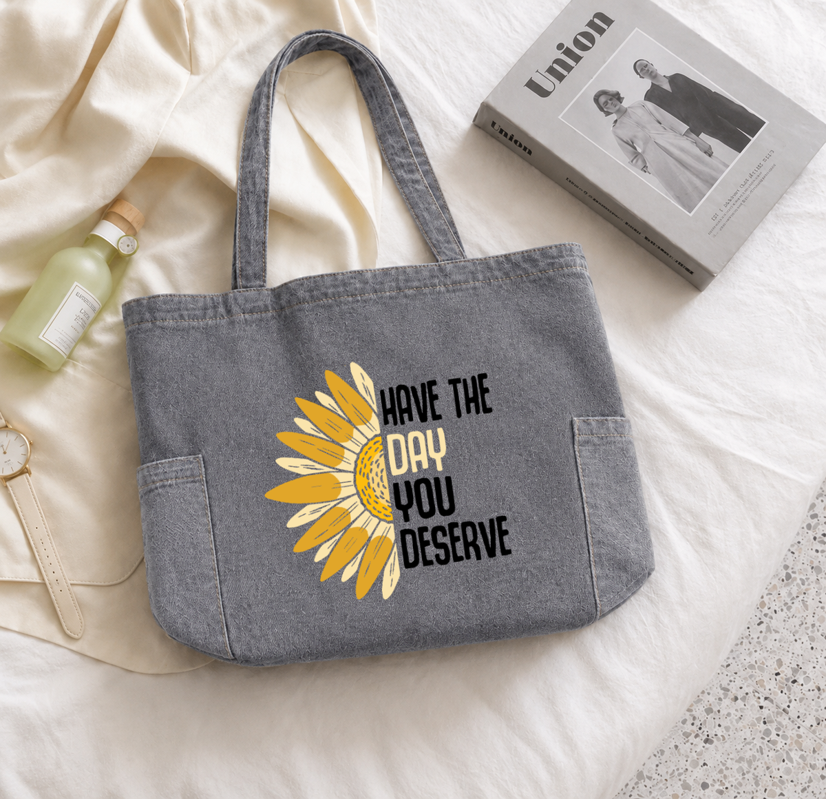 Have The Day Zipped Tote Bag - Grey Denim