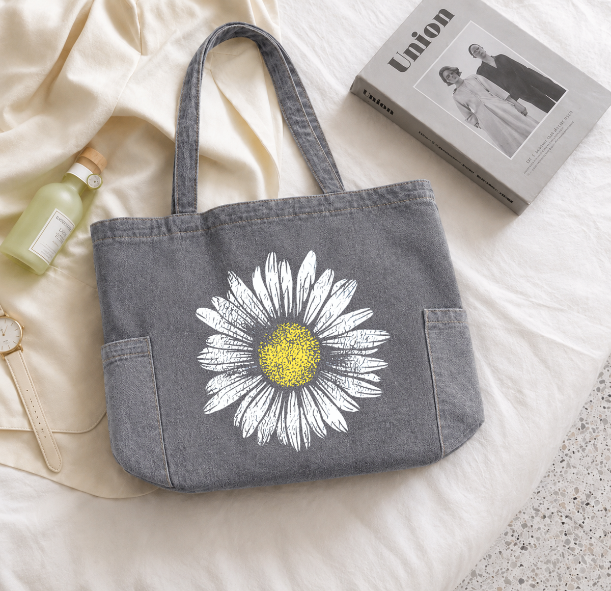 Daisy Zipped Tote Bag - Grey Denim