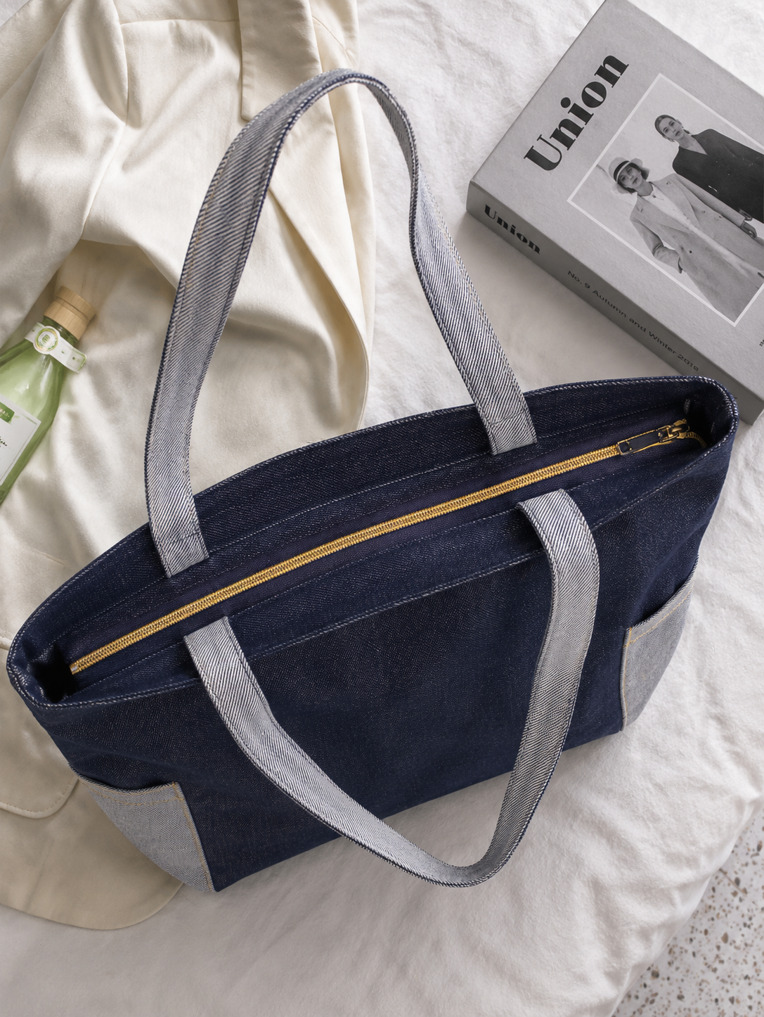Contrast Denim Blue Flower Zipped Tote Bag