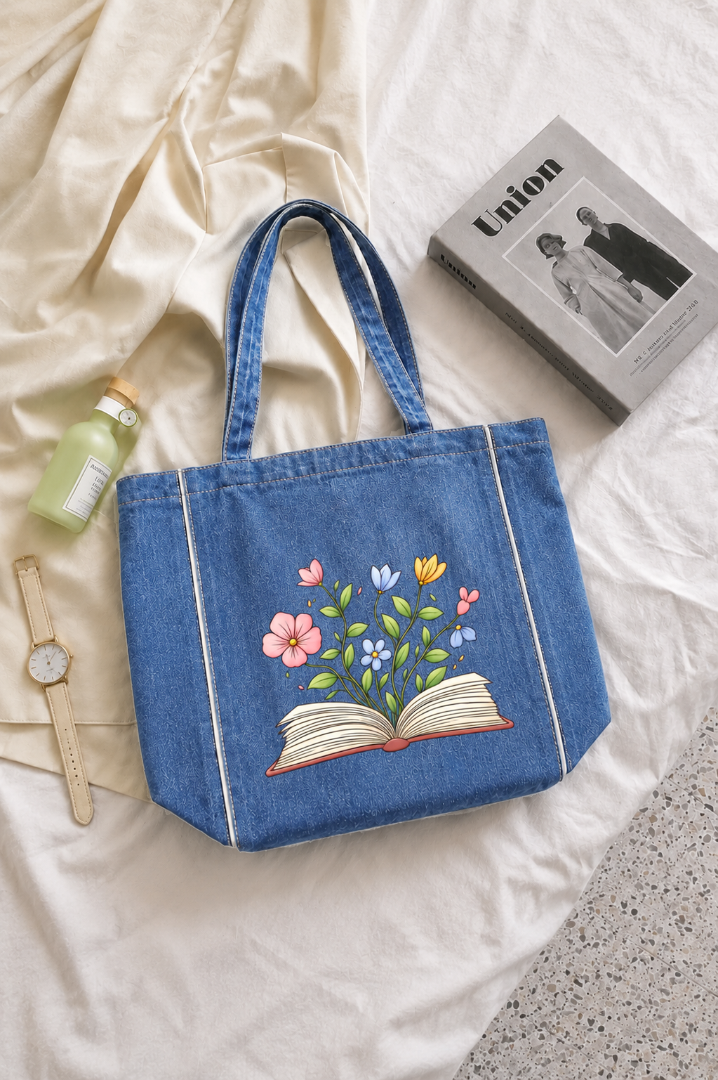 Wisdom White Stripes Zipped Tote Bag - Washed Denim Blue