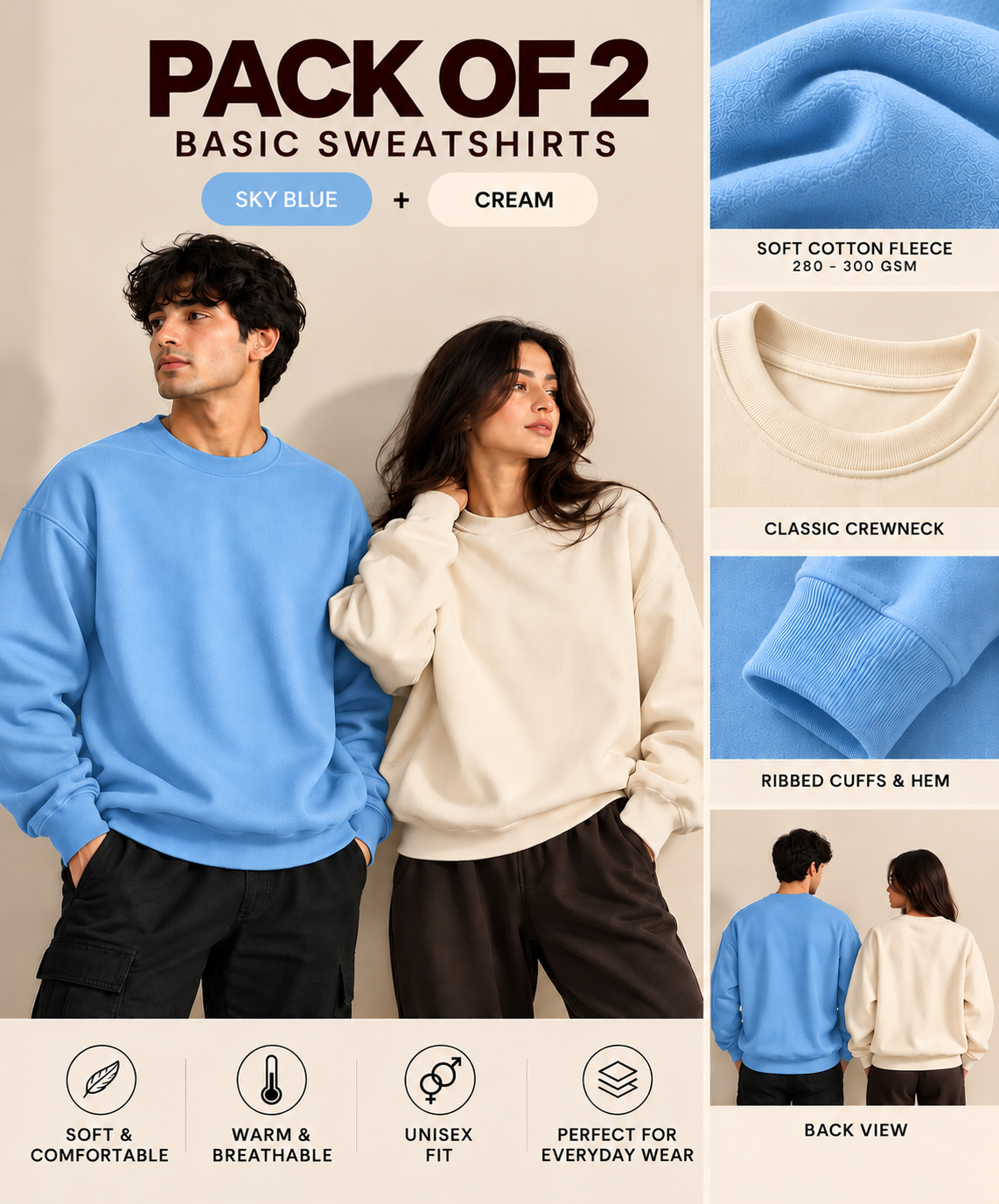 Pack Of Two Basic Sweatshirts Cream - SkyBlue