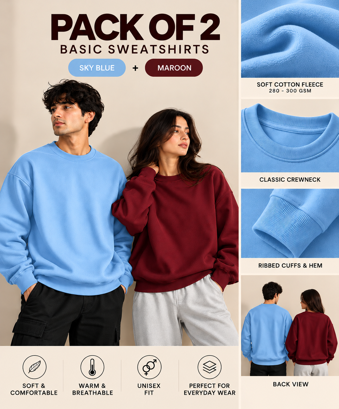 Pack Of Two Basic Sweatshirts Maroon - SkyBlue