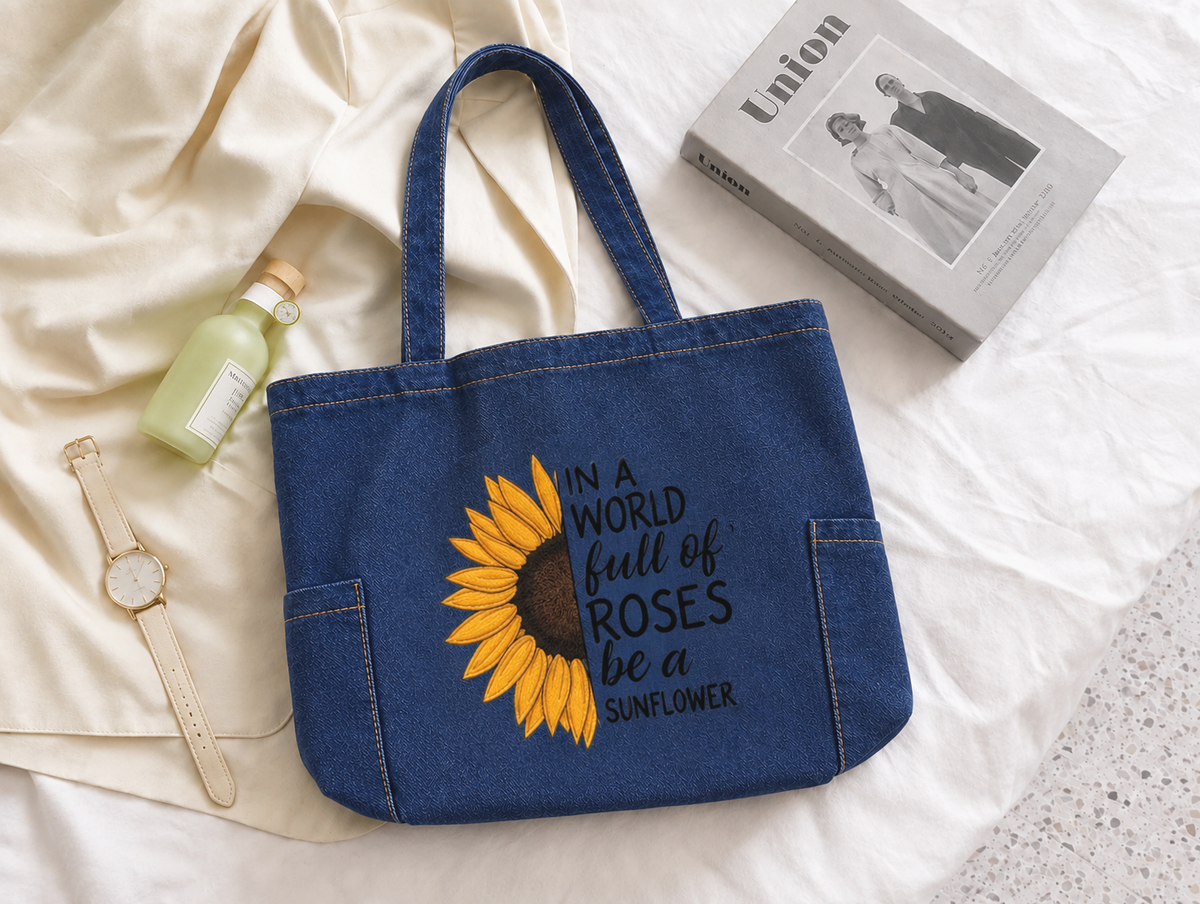 Be A Sunflower Zipped Tote Bag - Washed Denim Dark Blue