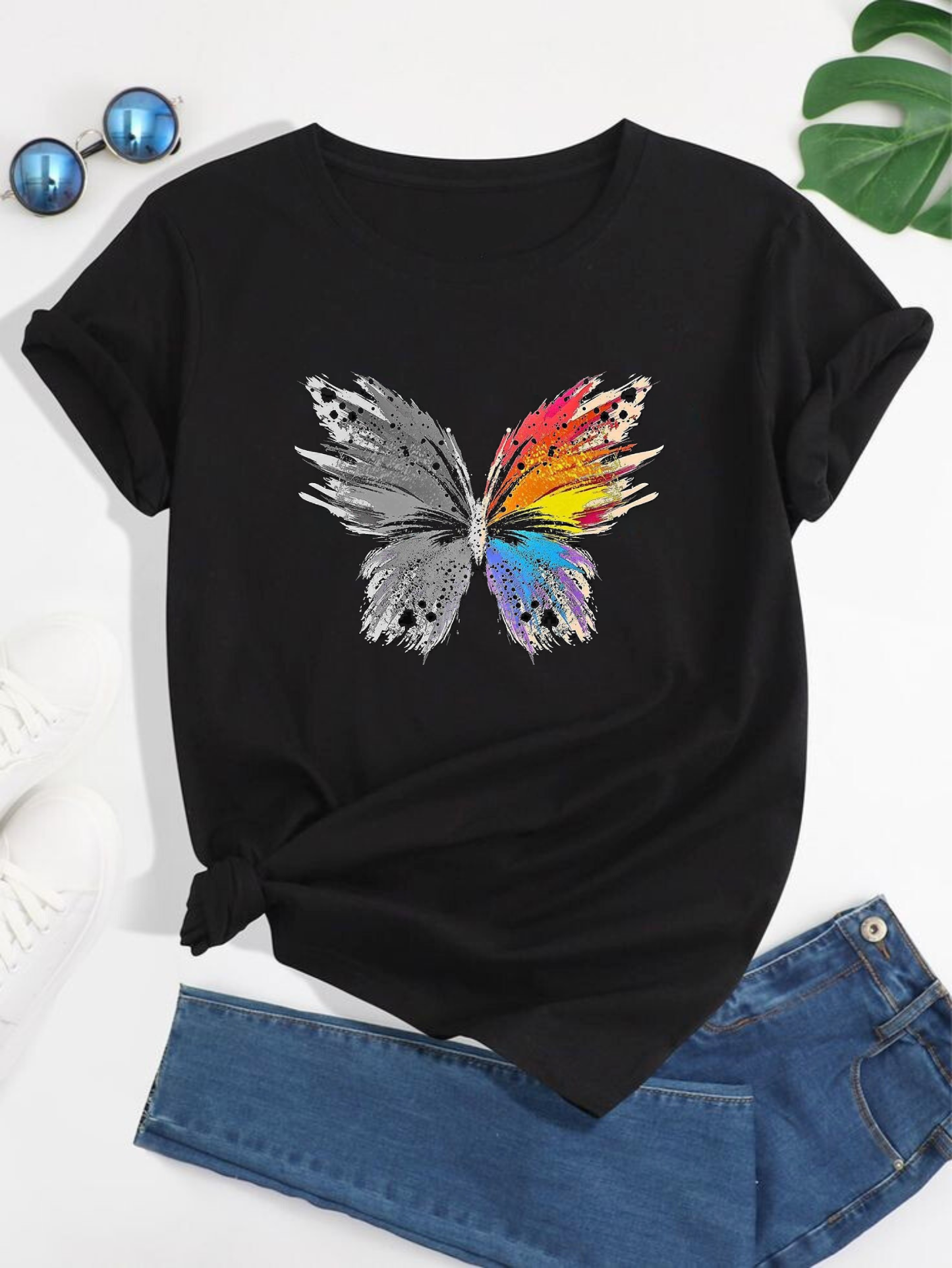 Colorful Butterfly Black Tshirt