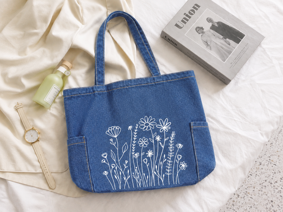 Flowers Zipped Tote Bag - Washed Denim Blue