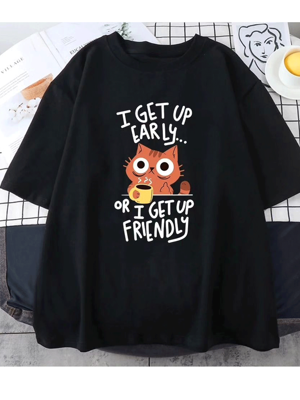 I get up early oversized Tshirt - Black