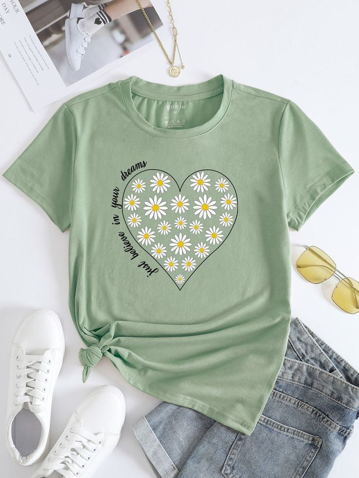 Heart Daisy Tshirt - Mint Green