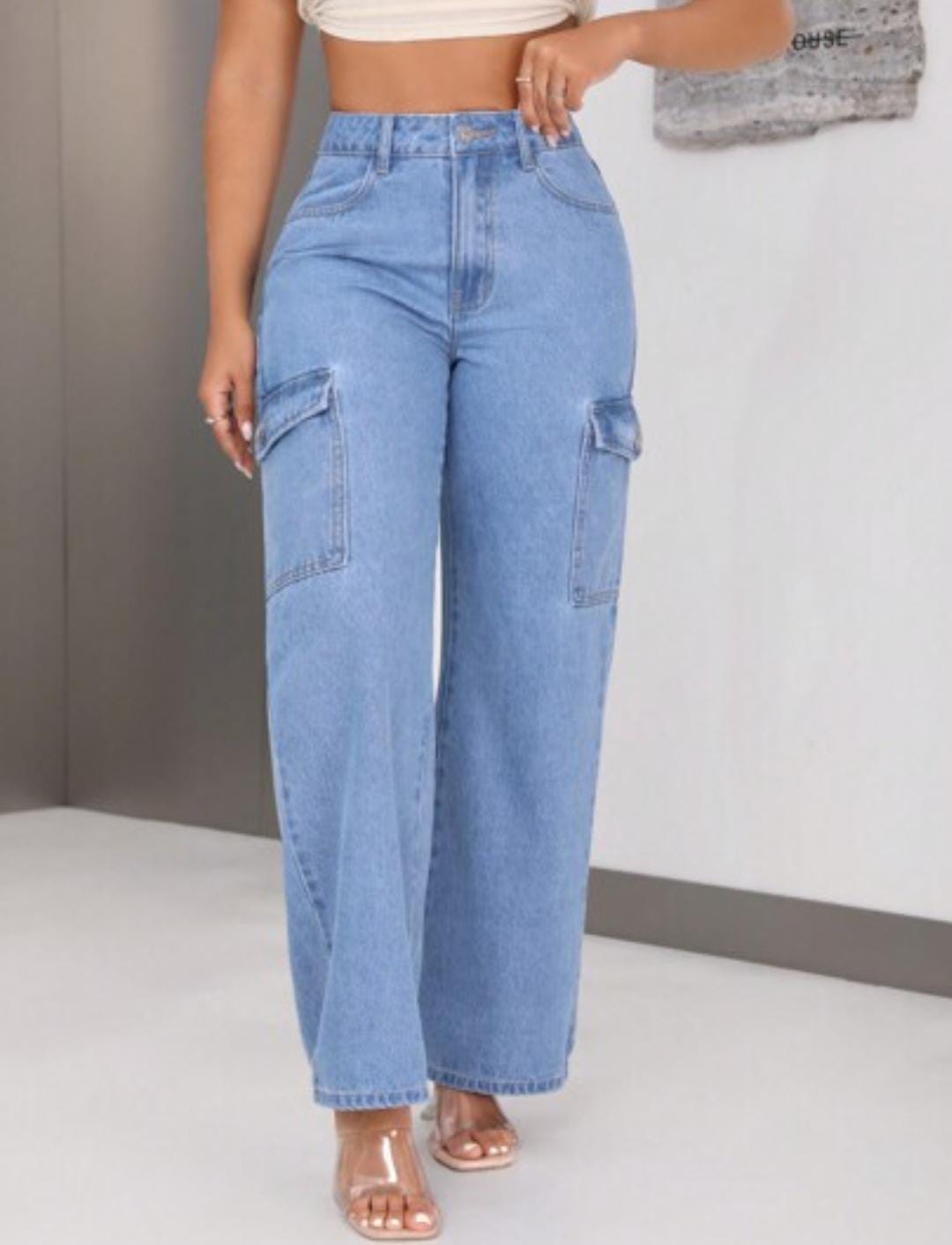 Cargo Pocket Wide Leg Jeans - Ice Blue