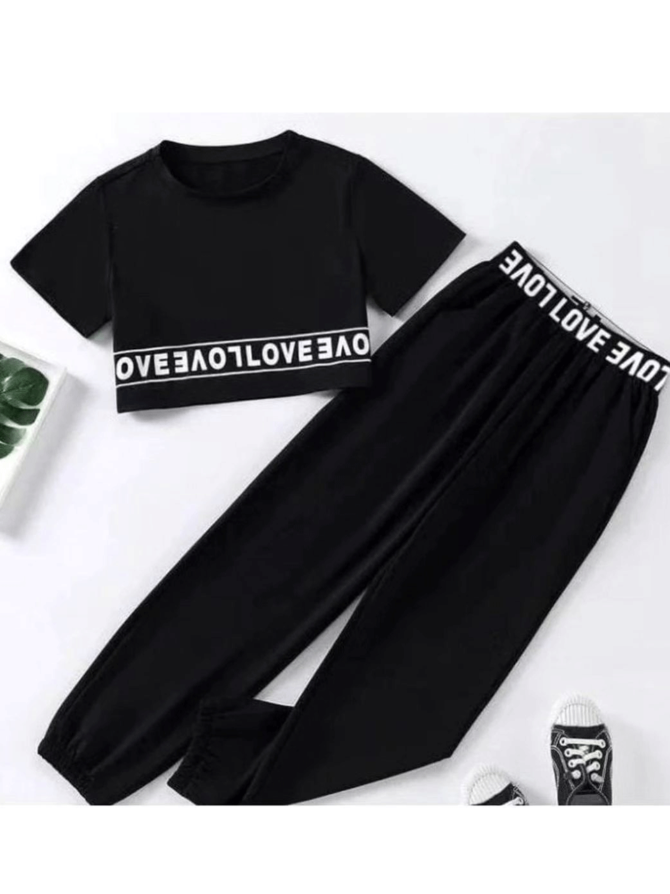 Love Tracksuit - Crop Tshirt with Trouser - Black