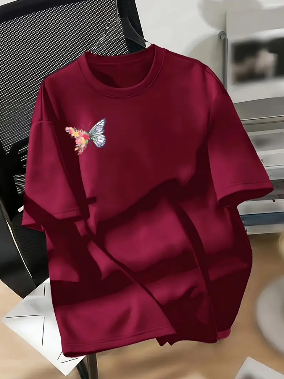 Butterfly Pocket Oversized Tshirt - Maroon