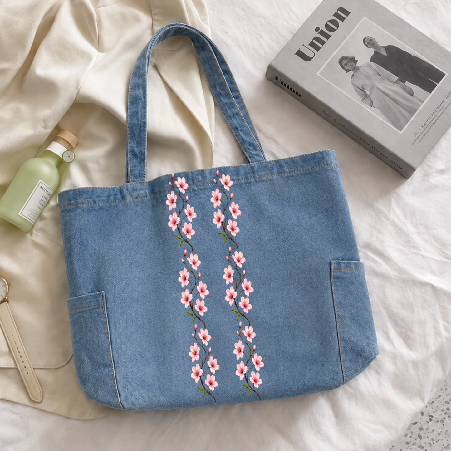 Blossom Striped Zipped Tote Bag - Washed Denim Blue