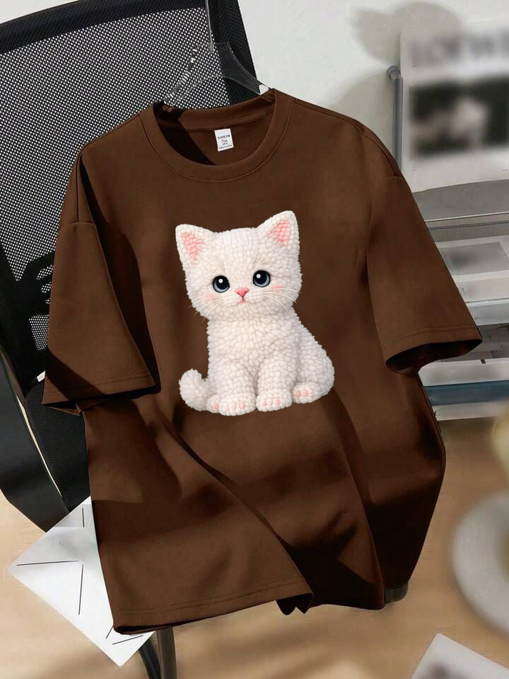 Cat Oversized Tshirt - Brown