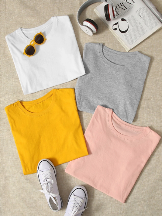 Pack of 4 Basic Tshirts Yellow -Grey- White -Pink