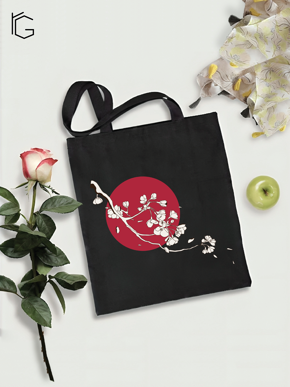 Japanese Cherry Flower Tote Bag - Black