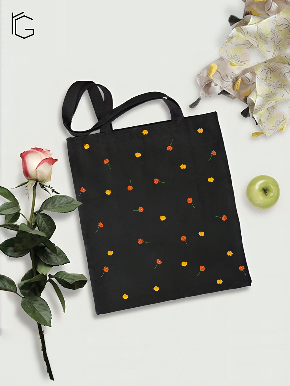 Small Flowers Tote Bag - Black