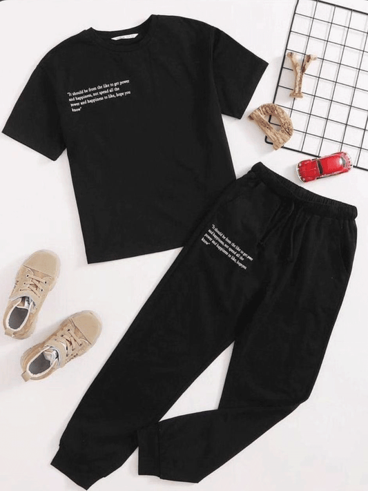 Text Printed Tracksuit - Black