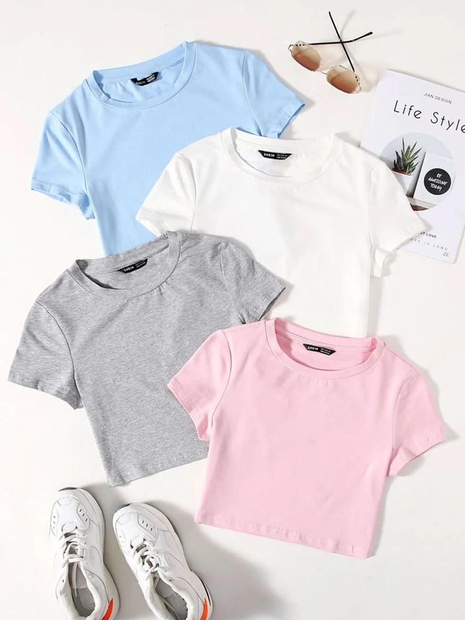 Pack of 4 Crop Basic Tshirts-Sky-Pink-Grey-White