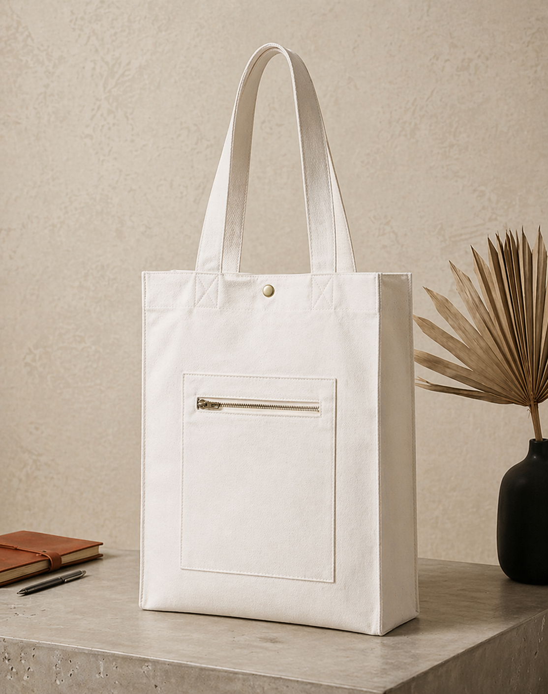 Off White Dual Pocket Canvas Tote Bag (Heavy GSM)