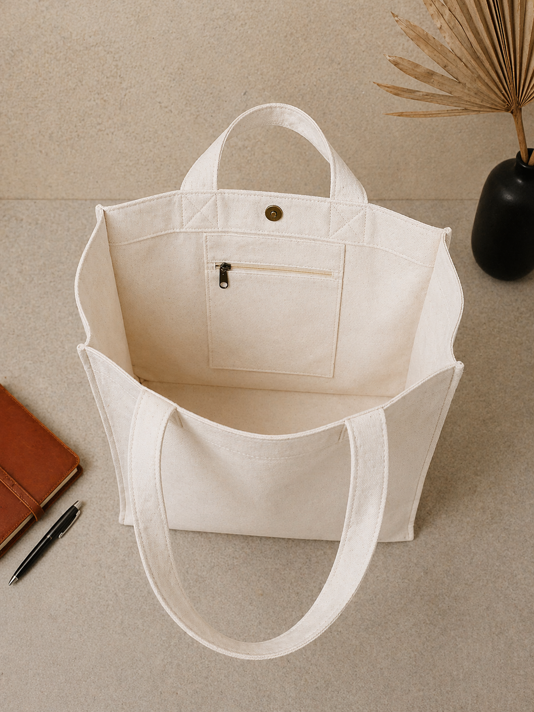 Off White Dual Pocket Canvas Tote Bag (Heavy GSM)