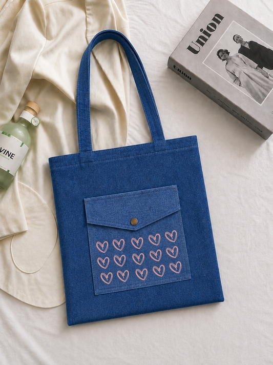 Denim Blue Hearts Open Tote Bag