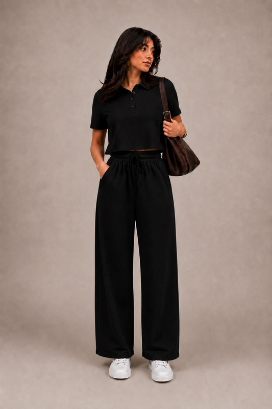 Crop Polo & Wide Leg Trouser Matching Set (Black & Black)