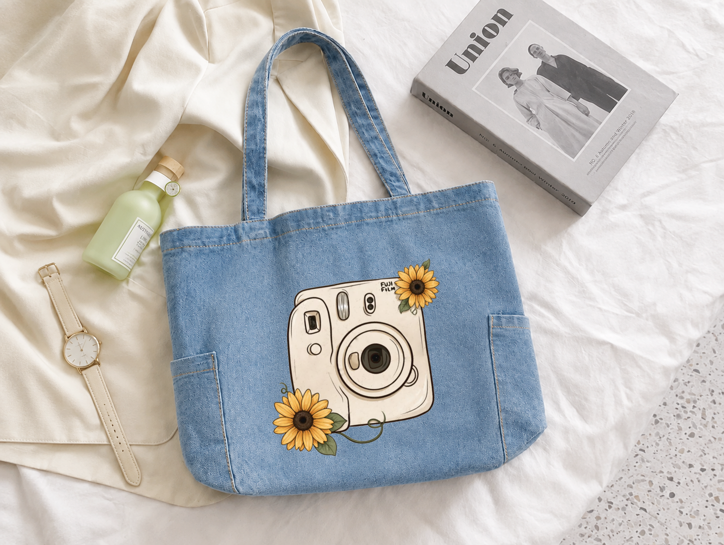 Camera Floral Zipped Tote Bag - Washed Denim Blue