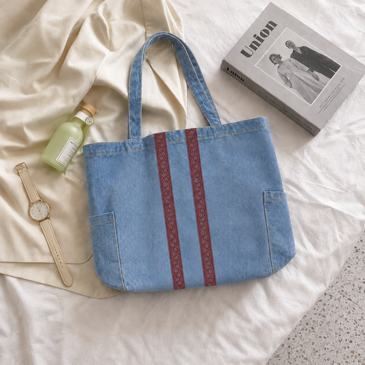 Stripe Design Zipped Tote Bag - Washed Denim Blue