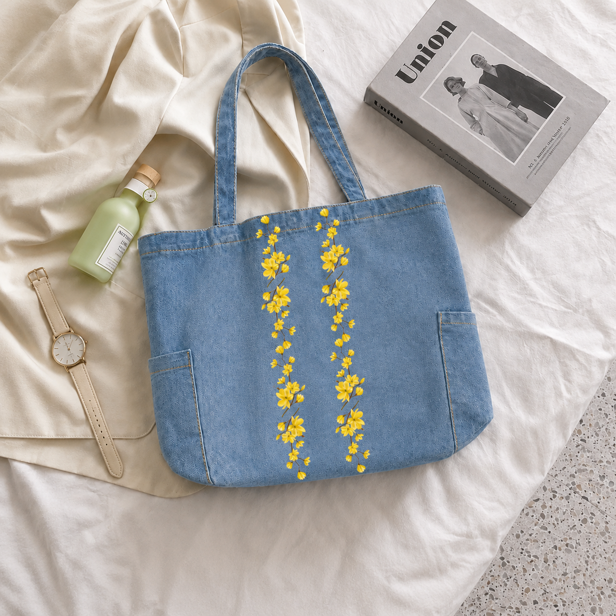 Flower Stripe Zipped Tote Bag - Washed Denim Blue