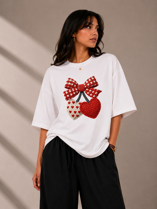 Heart Bow Oversized Tshirt - White
