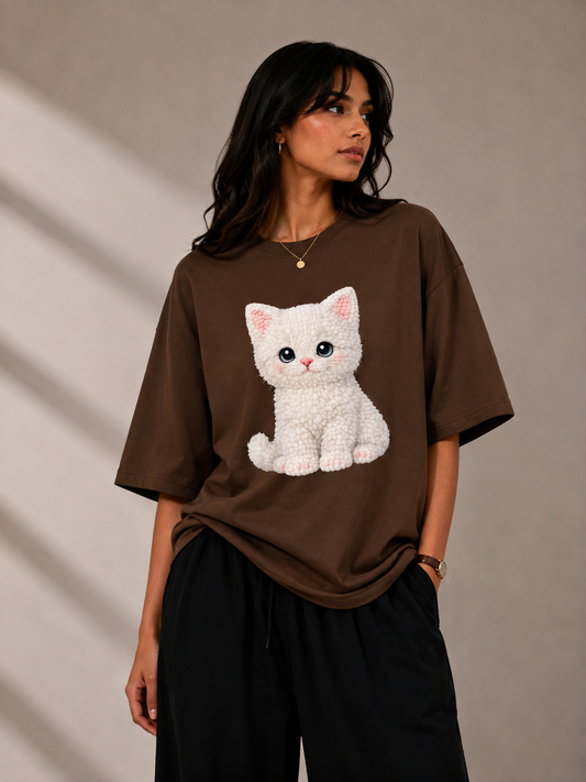 Cat Oversized Tshirt - Brown