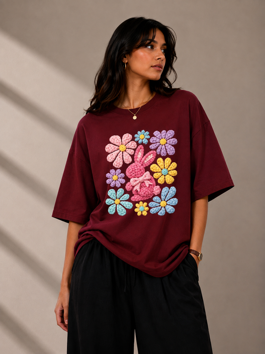 Bunny Flower Oversized Tshirt - Maroon