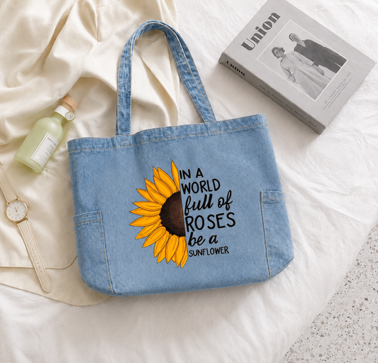 Be A Sunflower Zipped Tote Bag - Washed Denim Blue