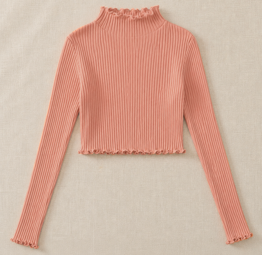 Lettuce Trim Crop Ribbed Top For Winter - peach