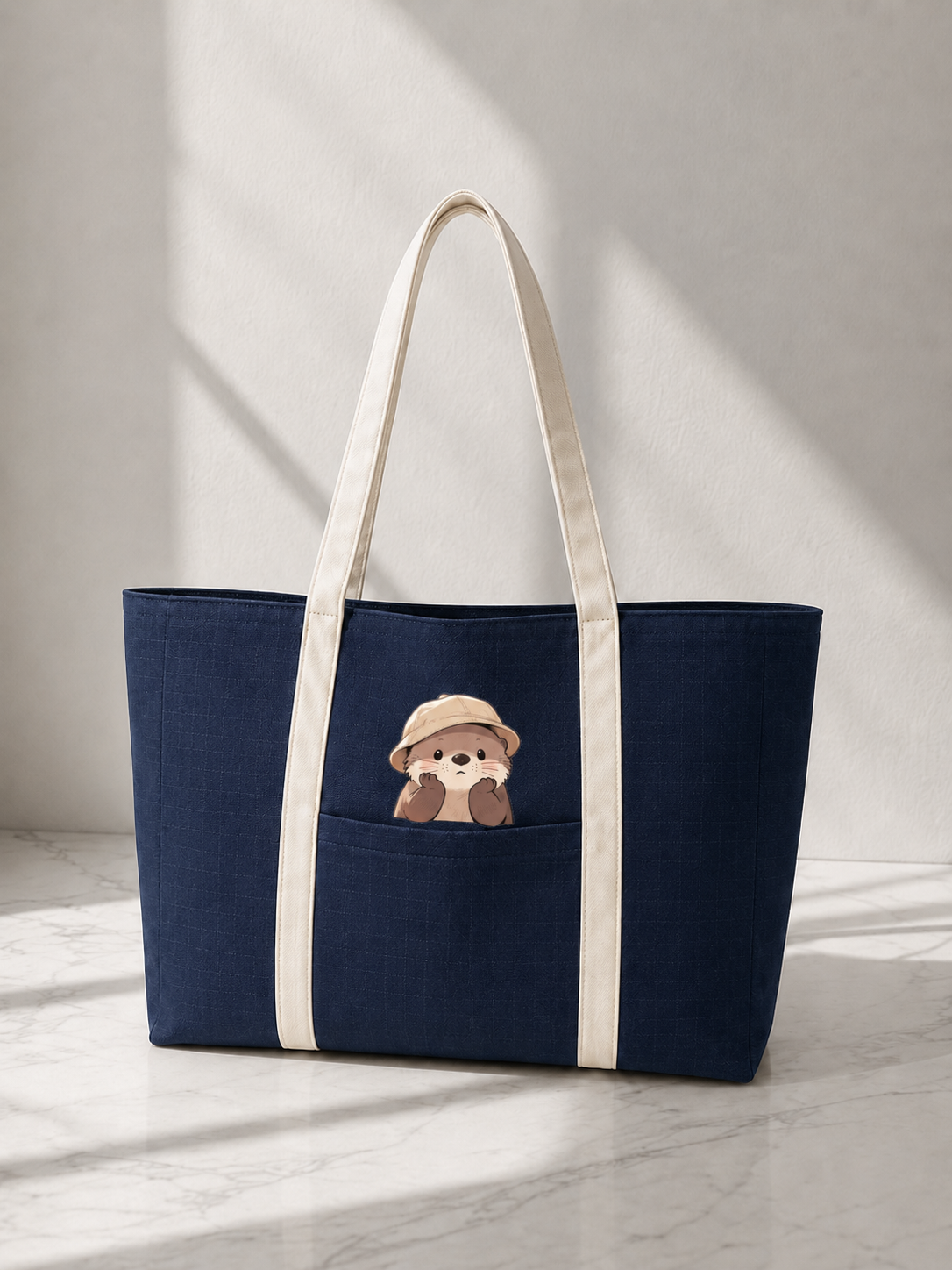 Deep Blue Striped Zipped Cute Bear Tote Bag