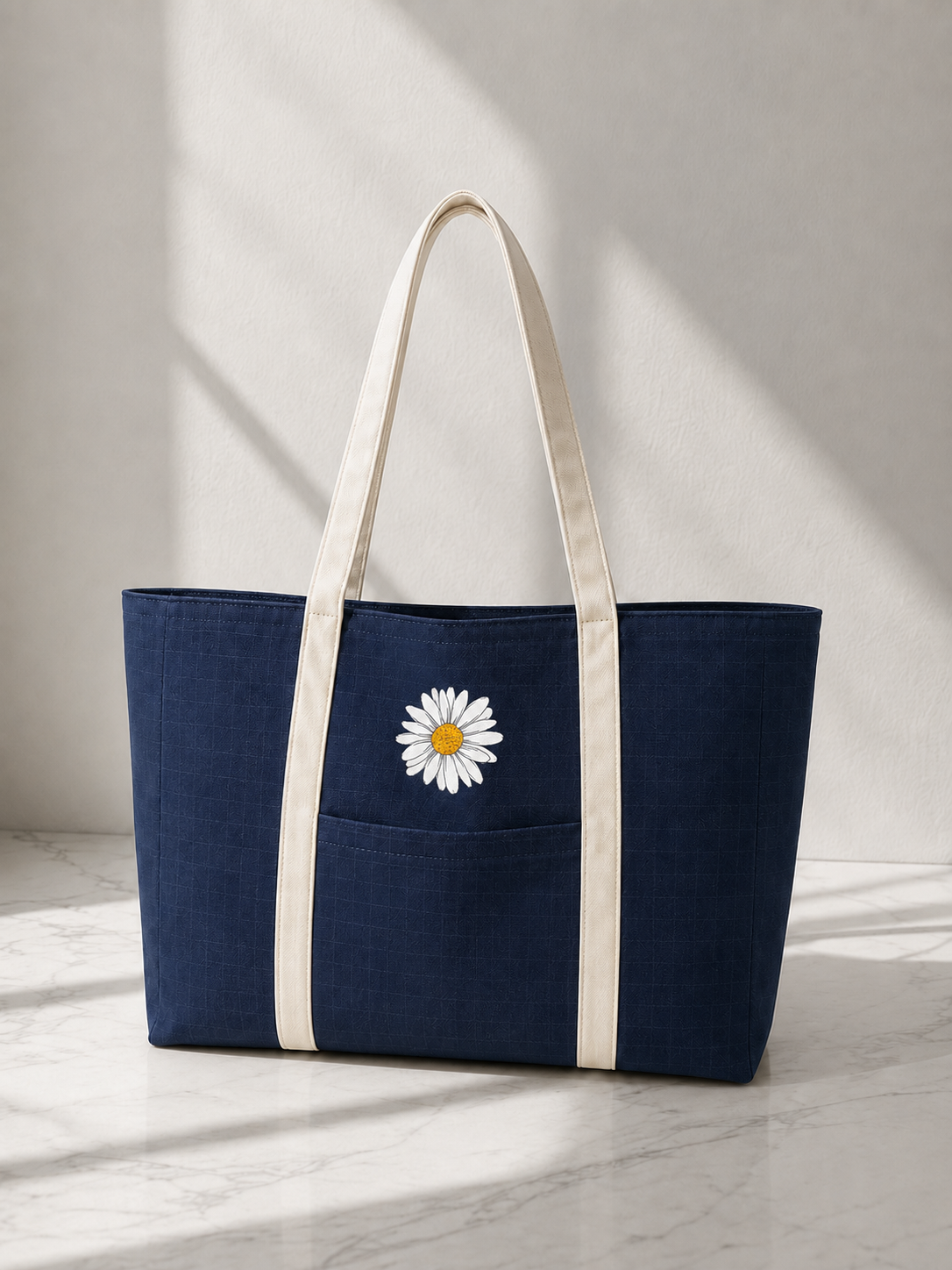 Deep Blue Striped Zipped Daisy Tote Bag