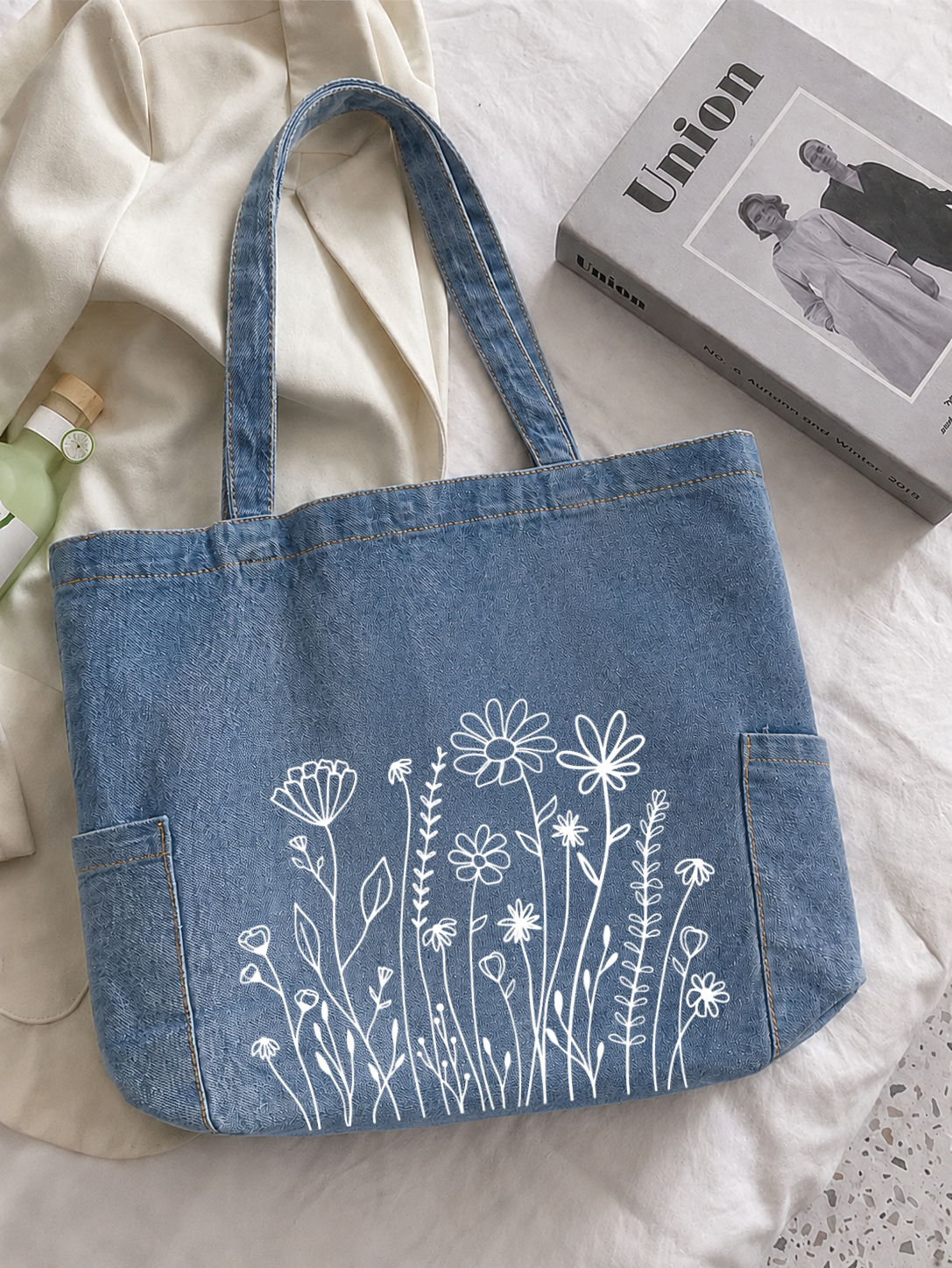 Flowers Tote Bag - Washed Denim Blue