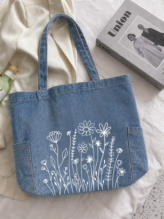 Flowers Tote Bag - Washed Denim Blue