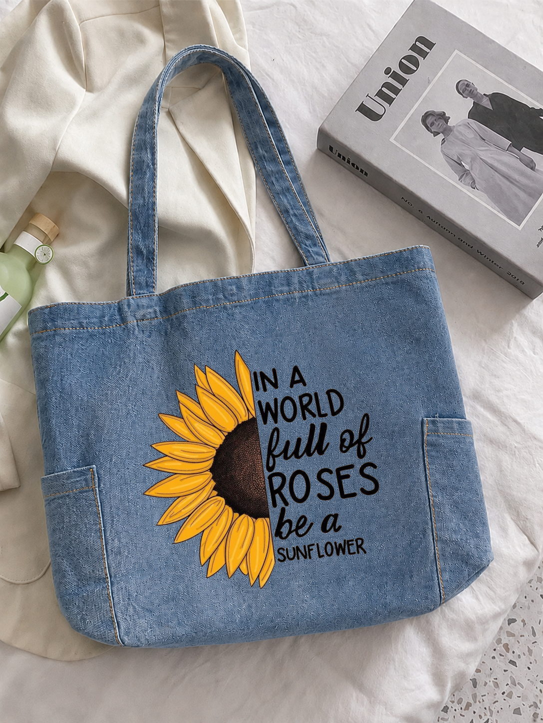 Be A Sunflower Tote Bag - Washed Denim Blue
