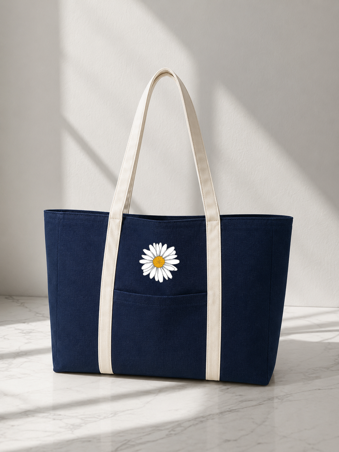 Deep Blue Striped Zipped Daisy Tote Bag