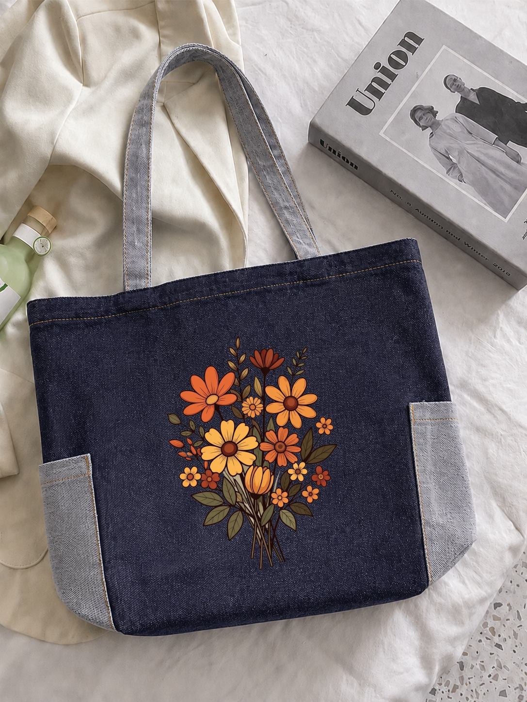 Contrast Denim Blue Flower Zipped Tote Bag